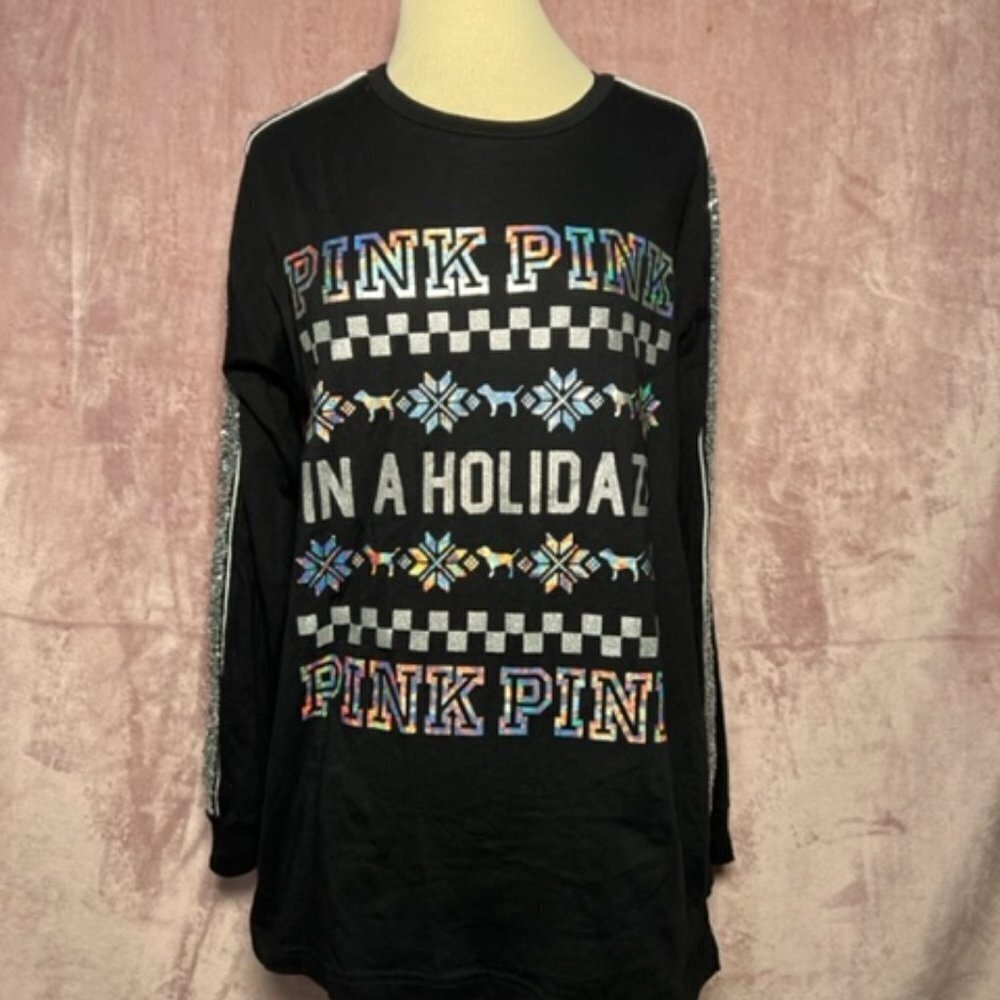 Victoria Secret Pink Womens Black Silver Long Sleeve Holiday Shirts Size Small